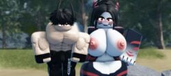 1boy 1girls 3d areolae big_breasts big_girl big_thighs breasts demon_boy female grabbing_from_behind khun_(quitynep) male muscular muscular_male nipples penis_bulge roblox robloxian self_upload shark shark_girl tagme thick_thighs thighs tonyrr34