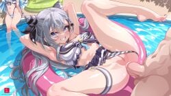 1boy 2girls anal armpits artist_logo artist_name balls barefoot bikini bikini_bottom_aside blue_bikini blue_eyes blue_hair blush braid breasts cleavage clothing_aside commentary cone_hair_bun double_bun dr-alu english_commentary feet female grey_hair hair_bun hair_ornament high-waist_bikini highleg highleg_bikini highres hololive hololive_indonesia hololive_indonesia_holoh3ro hololive_summer_2023_swimsuit kobo_kanaeru logo long_hair looking_at_viewer male medium_breasts multicolored_bikini multicolored_hair multiple_girls nail_polish official_alternate_costume penis pool pussy ribbon sex smile soaking_feet solo_focus straight swimsuit testicles toenail_polish toenails toes two-tone_bikini two-tone_hair uncensored vestia_zeta virtual_youtuber water web_address white_bikini white_hair