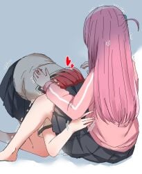 2girls bocchi_the_rock! clothes clothing cunnilingus female female/female female_only gotou_hitori hearts hearts_around_head implied_sex kita_ikuyo lesbian_sex light-skinned_female na_bia oral_sex pink_hair red_hair simple_background skirt tagme yuri