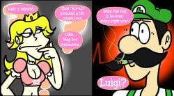 comic confused confusion dialogue english_text illis luigi mario_(series) princess_peach questioning questioning_tone scared scared_expression scared_face shirt smoking smoking_weed speech_bubble weed worried