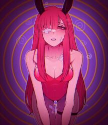 2d bare_shoulders brainwashed brainwashing breasts bunny_ears bunnysuit cleavage digital_drawing_(artwork) digital_media_(artwork) drawing eye_covered eyewear fake_animal_ears femsub hypnosis kneeling limbus_company long_hair mind_control misg1111 on_knees open_mouth red_hair yuri_(limbus_company)