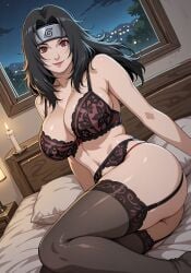 1girls ai_generated arm_support bangs bed bedroom big_breasts black_bra black_hair black_panties blush blush_lines bra breasts breasts_bigger_than_head child_bearing_hips cleavage coat facing_viewer female female_only forehead_protector front_view garter_belt garter_straps headband huge_breasts indoors inviting_to_sex isaris-ai konohagakure_symbol kurenai_yuhi large_breasts legs_together light-skinned_female light_skin lingerie looking_at_viewer mature mature_female midriff milf naruto naruto_(series) naruto_shippuden on_bed panties pose posing presenting presenting_self red_eyes sagging_breasts shoulder_length_hair sitting sitting_on_bed solo solo_focus stockings underwear underwear_only wide_hips yuuhi_kurenai