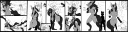 2013 4:1 anthro assimilation biped black_border black_hair black_inner_ear black_markings border bottomwear breasts clenched_teeth clothed clothing comic dart duo_focus english_text falling female female_anthro fully_clothed gender_transformation generation_3_pokemon genitals gloves_(marking) grass grey_body group gun hair hi_res human leg_markings long_image male male_human mammal markings mightyena mind_control monochrome mtf_transformation mxl navel nintendo nipples nude outside plant pokemon pokemon_(species) pussy ranged_weapon simple_background smile socks_(marking) species_transformation standing suit_transformation tail teeth text topwear transformation transformation_sequence trapped_in_clothing trio weapon wide_image