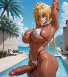 1futa abs ai_generated artist_name big_balls big_penis big_testicles bikini bleach blonde_hair breasts colored dark_skin digital_media_(artwork) erection front_view futa_only futanari green_eyes huge_cock muscles muscular muscular_futanari penis psyopsai side_view solo solo_focus stretching thighs tier_harribel uncensored watermark
