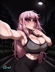 1girls ai_generated armpits bangs black_pants black_sports_bra blunt_bangs blush breasts cleavage hololive hololive_english lamppost large_breasts leggings lips long_hair looking_at_viewer midriff mori_calliope navel night night_sky outdoors pants pengu997 pink_eyes pink_hair selfie sky solo sports_bra sweat tree virtual_youtuber yoga_pants