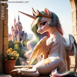 ai_generated alicorn baised bedroom_eyes cutie_mark digitigrade female hooves horn looking_at_viewer looking_back mare multicolored_hair my_little_pony pony princess_celestia purple_eyes tail tiara white_fur wings