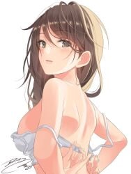 1girls bad_id bad_twitter_id bare_back bare_shoulders blush bra bra_only breasts brown_hair commentary_request female fumika_asano girls_und_panzer highres long_hair looking_at_viewer medium_breasts mika_(girls_und_panzer) no_headwear parted_lips sideboob signature simple_background solo underwear underwear_only white_background