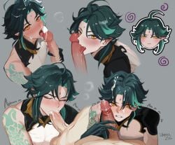 2boys after_fellatio asymmetrical_clothes balls blush chibi closed_eyes colored_inner_hair cum cum_in_mouth cum_on_body cum_on_hair cum_on_tongue cum_overflow cumdrip curtained_hair detached_sleeves erection eyeliner facial facial_mark fellatio fingernails forehead_mark genshin_impact gloves green_gloves green_hair grey_background highres large_penis licking licking_penis looking_at_viewer lower_body makeup male male_focus multicolored_hair multiple_boys oral penis penis_grab red_eyeliner saliva saliva_on_penis sharp_fingernails short_hair simple_background single_detached_sleeve sleeveless tattoo tears testicles toned toned_male unholy_zig veins veiny_penis xiao_(genshin_impact) yaoi yellow_eyes