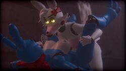 2girl 2girls 3d afafafewg animatronic animatronics ass blue_skin blush bowtie breasts bunny_ears female five_nights_at_freddy's five_nights_at_freddy's_2 five_nights_at_freddy's_4 fnaf fnaf_2 fnaf_4 fox_ears fuck_nights_at_frederika's furry furry_tail glowing_eyes green_eyes highres hip_grab mangle_(fnaf) pink_skin robot robotic sex smiling tail tie toy_bonnie_(fnaf) white_hair white_skin yellow_eyes yuri