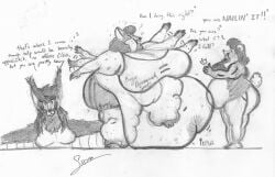absurd_res african_wild_dog anthro ass bear big_butt bodily_fluids breasts canid canine canis cankles domestic_dog eileen_(leoz) english_text exercise exercise_clothing fatpad female female/female fupa group hi_res leoz mammal morbidly_obese morbidly_obese_anthro morbidly_obese_female musclegut muscular obese obese_anthro obese_female overweight overweight_anthro overweight_female raised_leg ray_(leoz) struggling suzanne_(leoz) sweat sweatdrop text trio