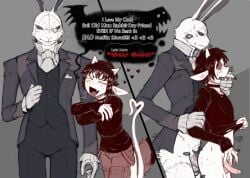 2025 age_difference anal anal_sex anthro arm_grab arm_hug black_tie_(suit) bodily_fluids bovid canon_x_oc capcom caprine caprine_demon choker clothing compression_artifacts cute_fangs demon devil_may_cry dialogue don_(dondon) dondon duo ellipsis english_text eyewear fangs femboy finger_in_mouth from_behind_position genitals gesture goat_demon goat_demon_humanoid heart_symbol horn horned_humanoid hug humanoid humanoid_genitalia humanoid_penis intentional_compression jewelry lagomorph leporid male male/male male_penetrated male_penetrating male_penetrating_male mammal mature_anthro mature_male monocle necklace penetration penis rabbit sex standing standing_sex suit surgical_suture sweat tail tail_gesture tail_heart teeth text white_rabbit_(dmc)