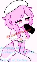 1boy 1girls beret blowjob breasts cute cute_expression cute_girl cuteconfy disembodied_penis fellatio female glasses licking_penis liliaoutcontext nipples pink_eyes pink_hair roblox robloxian sitting tagme tongue tongue_out_blowjob