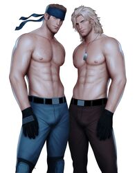 2boys abs bandana black_hair black_hair_bottom blonde_hair blonde_hair_on_black_hair blonde_hair_top blue_eyes body_hair brown_hair clothed dark_hair dog_tags domination drawnpr0n gay gloves half-dressed half_naked konami light_hair_on_dark_hair liquid_snake long_hair_male looking_at_viewer male male/male male_nipples male_only manly masculine metal_gear metal_gear_solid muscles muscular_male pecs penis_bulge shirtless smooth_skinned_male softcore solid_snake topless veins veiny_muscles white_male white_men white_men_only yaoi