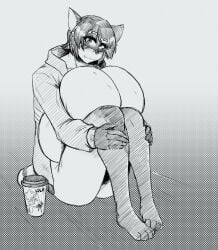 2025 anthro anuki bear big_breasts breasts clothed clothing coffee_cup container cup giant_panda hi_res holding_both_knees holding_both_legs hoodie huge_breasts hyper hyper_breasts looking_at_viewer mammal open_clothing open_hoodie open_topwear sitting sitting_on_ground solo topwear