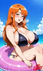 1girls ai_generated ane_wa_yanmama_junyuuchuu_in_jikka beach beautiful_females big_breasts bikini black_bikini blush blush_lines breast breasts dh_lucky female gigantic_breasts green_sarong huge_breasts innertube long_hair mature_female necklace orange_hair outdoor outdoors partially_submerged sano_aika smiling solo solo_female submerged sunset thick_thighs thighs wet wet_body wide_hips