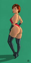 ass big_ass boots crowley_boots elastigirl full_body helen_parr high_heels looking_at_viewer looking_back mature_female milf red_lingerie see-through short_hair simple_background standing thick_thighs thigh_highs