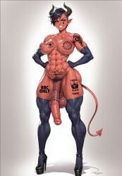 1futa abs ai_generated black_hair demon_futa demon_horns demon_tail el_orko_marrano elbow_gloves evil_grin full_body futa_focus futa_only hands_on_hips muscular muscular_futa muscular_futanari pubic_hair pubic_tattoo qos queen_of_spades rebecca_the_demon_tomboy red_skin smiling_at_viewer standing tomboy yellow_eyes