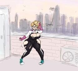 areolae_peeking big_breasts bimbo_virus_(fromthewood) blonde_hair blue_sneakers expansion_sequence fromthewood gwen_stacy gwen_stacy_(spider-verse) marvel marvel_comics roof rooftop spider-gwen spider-man_(series) suit tearing_clothes teeth_gap transformation transformation_sequence
