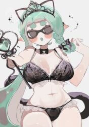 1girls black_bow black_bowtie black_bra black_eyes black_panties black_underwear blush bow bow_bra bow_panties bowtie bra braid braided_hair breasts cat_ears cat_ears_hairband cleavage crown female green_hair inkling inkling_girl large_breasts long_hair looking_at_viewer navel nintendo open_mouth panties pointy_ears simple_background smchan_hll solo solo_female solo_focus splatoon tail tentacle_hair underwear wand