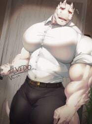 albino alvedo_vhiich anthro anthro_male belt big_pecs black_pants clothed clothed_male furry furry_male lizard lizard_humanoid lizardman looking_at_viewer male male_anthro male_only muscular muscular_anthro muscular_male plant red_eyes sfw_version talking_to_viewer textless textless_version tight_clothes tight_clothing twitter_username watermark white_body white_scales white_shirt