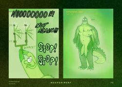 2025 2_penises 4_arms anthro balls bulging_eyes claws clothing coat crocodile crocodilian dr_crocovile_(sharkinthepark) duo finger_claws foreskin genitals gloves green_background handwear hi_res lab_coat lever male max_(maxmulticroc) multi_arm multi_genitalia multi_limb multi_penis nipples penis reptile scalie screaming sharkinthepark simple_background sound_effects tail topwear uncircumcised vacant_eyes vacant_stare