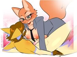 4:3 anthro breasts canid canine clothing diane_foxington dreamworks duo eyebrow_piercing eyewear facial_piercing female fox futanari glasses hi_res intersex intersex/male male male/female mammal piercing pink_kutal23 suit the_bad_guys