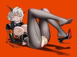 absurdres adapted_costume anal anal_object_insertion arknights armband arms_behind_back ass black_leotard black_shoes bondage breasts dragon_horns female grey_eyes grey_hair hair_between_eyes hair_intakes high_heels highres horns large_breasts leotard long_sleeves looking_at_viewer nipple_stimulation nipples object_insertion red_armband red_background restrained sex_toy shoes simple_background single_shoe solo talulah_(arknights) tongue tongue_out vaginal_object_insertion vaginal_penetration vibrator vibrator_on_nipple yat_(tsmn7245)