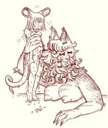 accessory anthro areola blush bodily_fluids bonnie_guerra bow_ribbon breasts clenched_teeth clitoris cunnilingus curly_hair domestic_cat drooling eyeless fangs felid feline felis female genitals hair hair_accessory hair_ribbon hairbow hi_res holding_other mammal mouse murid murine nipples nude oral ribbons rodent saliva sex simple_background size_difference smile solo sweat teeth tongue tongue_out tremble_spikes vaginal_penetration white_background