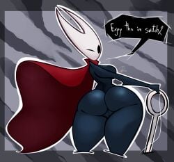 2025 animal_humanoid arthropod arthropod_humanoid ass black_body black_eyes breasts cape clothing colored dialogue digital_media_(artwork) english_text female genitals grey_background hi_res hollow_knight hornet_(hollow_knight) humanoid looking_at_viewer looking_back looking_back_at_viewer no_pupils not_furry one_eye_closed outline pussy rear_view red_cape red_clothing shaded signature simple_background solo speech_bubble suseli_0 team_cherry text thick_thighs white_outline wink winking_at_viewer