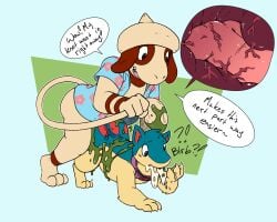 5:4 all_fours anal anal_sex animal_genitalia anthro balls blush bodily_fluids bottomless bottomless_male clothed clothing cock_transformation collar collared_shirt confusion cutaway dialogue duo english_text feral floral_print generation_2_pokemon genital_fluids genitals hat headgear headwear internal jake_(blazingpelt) knot knotting looking_back male male/male merging nintendo open_mouth paint paint_on_butt painting penetration penile penile_penetration penis penis_in_ass penis_transformation pokemon pokemon_(species) precum precum_from_mouth question_mark quilava sheath shirt smeargle speech_bubble surprise tail tail_grab teeth text tjthedragoon topwear tracy_(linker) transformation