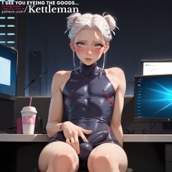ai_generated blush boner bulge computer cybernetics cyberpunk cyborg embarrassed erect_penis erection erection_under_clothes erection_under_clothing femboy feminine feminine_male horny kettleman latex latex_clothing office penis_bulge secretary shy sissy sitting skin_tight slender_waist slim_waist touching_self trap twink white_hair