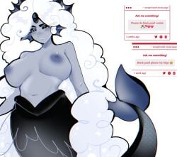 1girls big_breasts black_eyes black_pearl_cookie blush breasts cookie_run cookie_run_kingdom crown female female_only grey_skin jewel_on_forehead long_hair mermaid naked_female nipples requested seraphinealt white_background white_hair