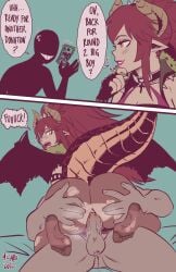 absurd_res ass balls breasts butt_grab clothed clothing comic dialogue dragon dragon_horn dragon_tail duo english_text female genitals hair hand_on_butt hi_res horn human humanoid instant_loss_2koma legwear male male/female mammal mizaru money mythological_creature mythological_scalie mythology on_lap red_hair scalie sex sitting_on_lap tail text vshojo vtuber wings zentreya