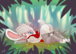 absurd_res anthro anthro_only ass ass_up bonk clothed clothing english_text female flat_chested forest furry hi_res lagomorph legwear little_red_riding_hood little_red_riding_hood_(copyright) looking_back mammal no_humans open_mouth pussy rabbit solo text thigh_highs tongue tongue_out tree