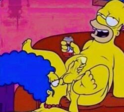 ai_generated bald_male beer blowjob blue_hair fat_male fox homer_simpson male male_focus marge_simpson straight_sex the_simpsons yellow_body
