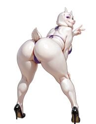 ai ai_generated anthro bent_over big_breasts bikini bikini_bottom bikini_top black_shoes breasts caprine eyeshadow female goat high_heels horns looking_at_viewer mammale mature_female peace_sign presenting_hindquarters purple_clothing smile solo solo_focus tail thick_ass thick_thighs thong thong_bikini toriel undertale_(series) white_body white_fur wide_hips