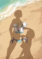1boy 1girls absurdres beach bikini box_wonderland breasts day dressed_shadow_(meme) fellatio female hand_on_another's_head highres large_breasts large_penis layered_bikini love_live! love_live!_superstar!! male meme oral outdoors penis sand shadow straight swimsuit unworn_bikini wakana_shiki water