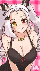 1girls bare_shoulders big_breasts blush breasts cleavage exposed_shoulders female hairclip heterochromia licking_lips light_blush light_gray_hair liliana_vampaia looking_at_viewer lord_grax necklace nightwear solo solo_female solo_focus tongue tongue_out twin_drills twintails vampire vampire_girl virtual_youtuber