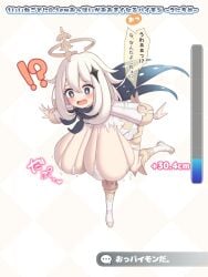 big_breasts breast_expansion breasts genshin_impact growth_drive japanese_text paimon_(genshin_impact) tagu_hblabe text torn_clothes wardrobe_malfunction