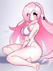 ami_(gwain_saga) big_breasts bikini blush blush breasts cute female female female_only geoexe gwain_saga hair_over_one_eye headwear holding_arm jaxdrawz long_hair pink_eyes pink_hair tagme