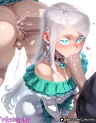 ai_generated anal anal_sex aqua_eyes ass bangs bare_shoulders blue_eyes blush cum cum_from_ass cum_in_ass dress erection eyelashes eyeshadow fellatio femboy freckles frilled_dress frills gloves heart lipstick long_hair male_focus oral otoko_no_ko penis pink_lipstick puffy_lips silver_hair solo_focus testicles threesome tight_clothing tight_dress trap uncensored veins veiny_penis wizmothkey yaoi