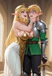 1boy 1girls ai_generated big_breasts blonde_hair blue_eyes blush breasts choking cleavage clothed couple crown dress elf elf_ears elf_female evil_grin evil_smile female femdom hime_cut knight large_breasts male original_character pov princess scared scared_expression short_hair skirt submissive_male sword threatening