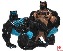 absurd_res anthro barazoku barcode barcode_print bear big_muscles biped bulge cxcxxcxxxx detailed_bulge drone duo giant_panda hi_res hypnotic_visor male mammal muscular muscular_anthro muscular_male muscular_sub polar_bear slave submissive ursine