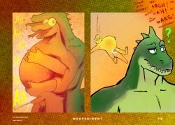 2025 3_toes anthro balls bodily_fluids bulging_eyes confusion crazy_eyes crocodile crocodilian cum cum_inside dr_crocovile_(sharkinthepark) drooling duo ejaculation english_text feet genital_fluids genitals hi_res holding_stomach hug hugging_another hugging_from_behind inflation inflation male max_(maxmulticroc) open_mouth orange_background penis question_mark reptile saliva scalie screaming sharkinthepark simple_background stomach_bulge tail text toes tongue