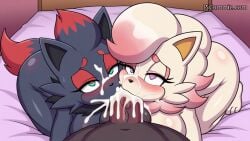 1boy 1boy2girls 2girls ai_generated all_fours anthro anthro_on_anthro anthro_penetrated anthro_penetrating anthro_penetrating_anthro bed bedroom bedroom_eyes black_fur blowjob blowjob_face blush collaborative_fellatio cum cum_facial cum_in_mouth cum_inside cum_on_face double_blowjob double_fellatio fellatio female female_focus fox fox_girl generation_5_pokemon hisuian_form hisuian_zorua irrumatio jscammie looking_at_viewer male male_pov mff mff_threesome mobian mobian_(species) nude oral oral_penetration oral_sex pokemon pokemon_(species) pokemorph pov pov_blowjob pov_eye_contact sonic_style threesome white_fur zorua