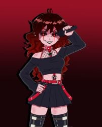 anarchy_symbol black_skirt black_sweater brown_hair brunette_hair cropped cropped_legs cropped_sweater demon demon_girl dirty_brown_hair eyeshadow female fishnet_clothing fishnets friday_night_funkin friday_the_13th girlfriend_(friday_night_funkin) glowing_eyes goth goth_girl gradient_background gummidx hand_on_waist lip_piercing microphone midriff newgrounds nose_piercing pink_skin red_background red_belt red_collar spiked_collar suspenders thighhighs thighs two_tone_hair