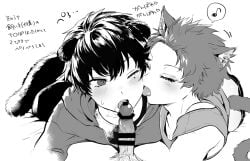 3boys ;o animal_ear_fluff animal_ear_piercing animal_ears armpit_crease back_peek bar_censor bed_sheet blush cat_boy cat_ears cat_tail censored closed_eyes collarbone drooling erection fellatio fluffy_tail folded_ear gay gay_male hair_between_eyes hair_slicked_back harai_kuko hood hood_down hooded_jacket hypnosis_mic jacket kemonomimi_mode licking licking_another's_cheek licking_another's_face long_eyelashes looking_at_another lying male male_focus male_pubic_hair mole mole_under_eye motion_lines multiple_boys musical_note nbnekochan nose_blush off_shoulder on_side on_stomach one_eye_closed oral partially_unzipped penis plug_(piercing) pov pubic_hair raised_eyebrows short_hair speech_bubble spiked_hair spoken_musical_note tail tank_top tongue tongue_out translation_request veins veiny_penis very_short_hair yamada_ichiro yaoi
