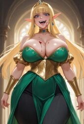 1boy 1girls ai_generated big_breasts blonde_hair blood blood_on_face blood_stain blue_eyes breasts choker cleavage clothed crown dress elf elf_ears elf_female elf_girl evil_kaugh evil_smile female femdom gold_(metal) hime_cut large_breasts looking_down male male_pov offscreen_male original_character panties pov princess royalty skirt solo