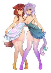 2girls animal_ears animal_tail collar female female_only hololive hololive_japan inugami_korone kemonomimi lionrion naked_apron nekomata_okayu there_i_tagged_it_for_you_lazy_asshole thighhighs