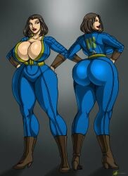 1girls ass behind_view bethesda_softworks big_ass big_breasts breasts cleavage fallout female female front_view high_heel_boots huge_ass huge_breasts osmar-shotgun red_lipstick solo thick_thighs thighs vault_dweller vault_suit wide_hips